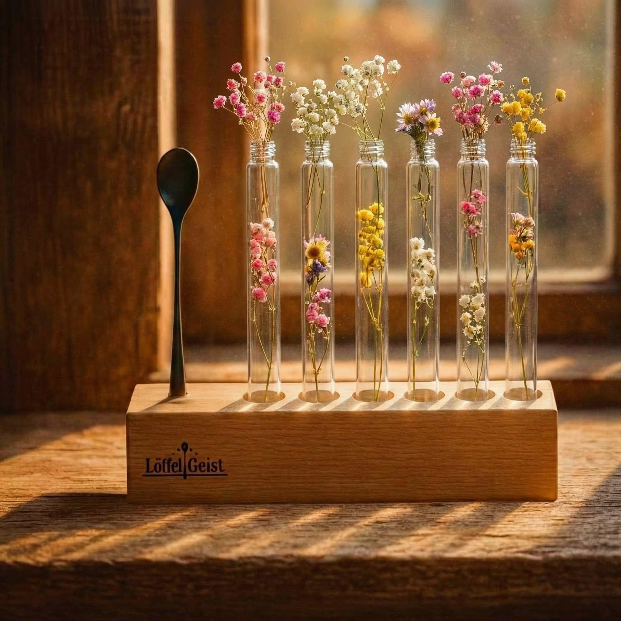 Nachhaltigkeit - Holzdisplay mit Blumen